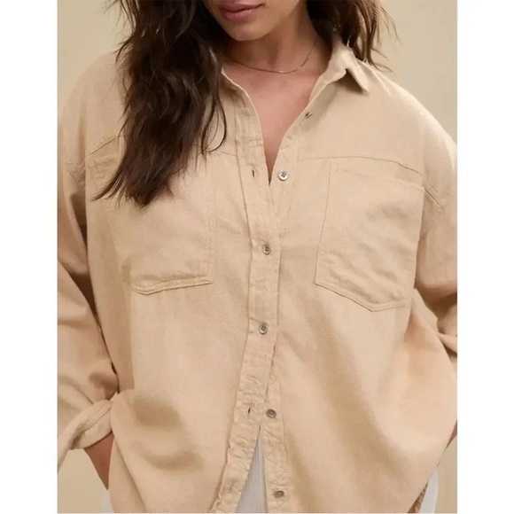 aerie pale light pink blush long sleeve button up shirt with collar size large - Picture 7 of 8